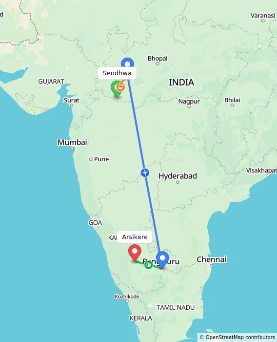 Route map showing distance and travel time from Sendhwa, India to Arsikere, India