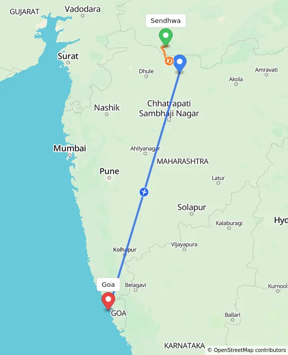 Route map showing distance and travel time from Sendhwa, India to Goa, India