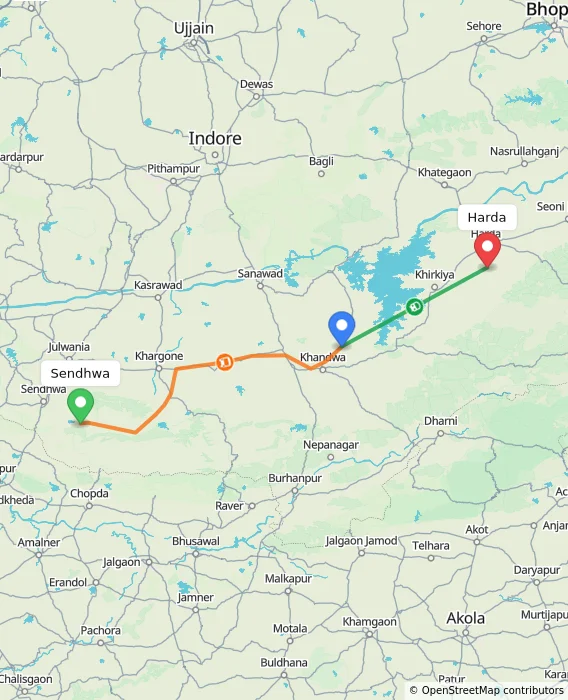 Route map showing distance and travel time from Sendhwa, India to Harda, India
