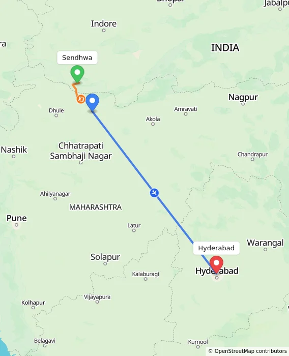 Route map showing distance and travel time from Sendhwa, India to Hyderabad, India
