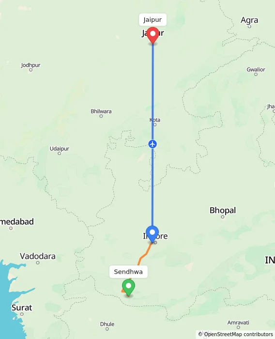 Route map showing distance and travel time from Sendhwa, India to Jaipur, India