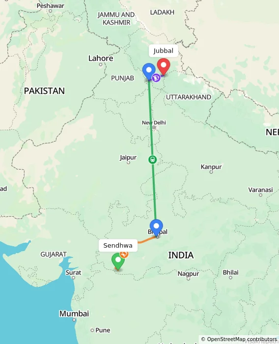 Route map showing distance and travel time from Sendhwa, India to Jubbal, India
