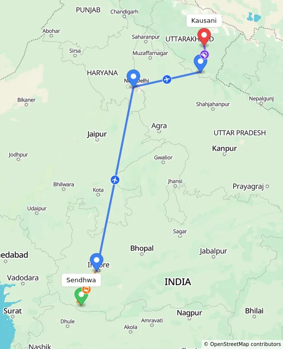 Route map showing distance and travel time from Sendhwa, India to Kausani, India