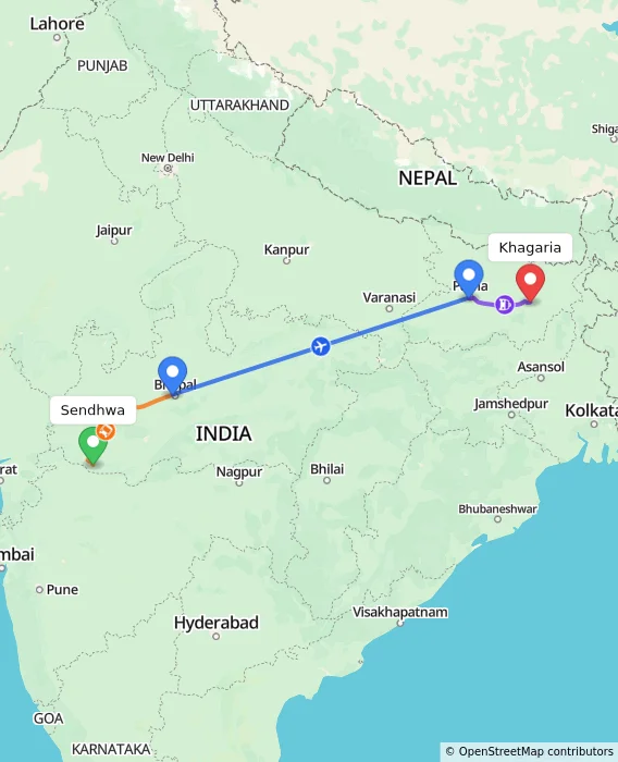 Route map showing distance and travel time from Sendhwa, India to Khagaria, India