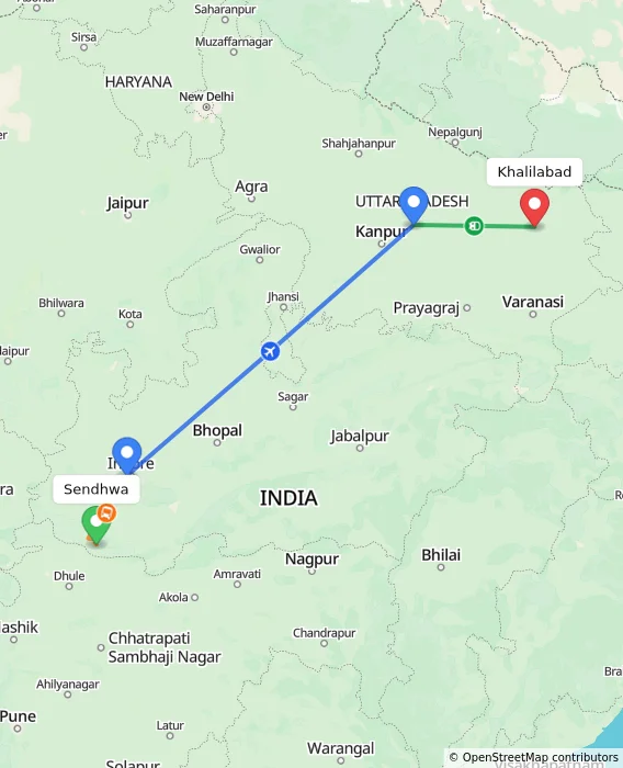Route map showing distance and travel time from Sendhwa, India to Khalilabad, India
