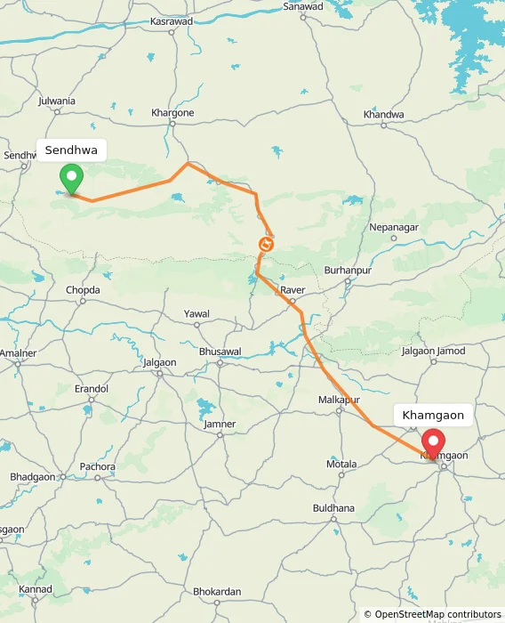 Route map showing distance and travel time from Sendhwa, India to Khamgaon, India