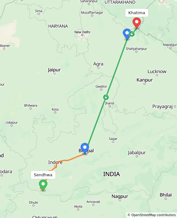 Route map showing distance and travel time from Sendhwa, India to Khatima, India