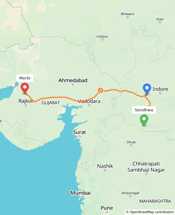 Route map showing distance and travel time from Sendhwa, India to Morbi, India