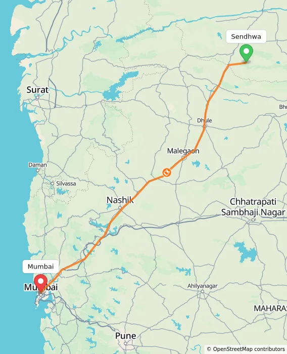 Route map showing distance and travel time from Sendhwa, India to Mumbai, India