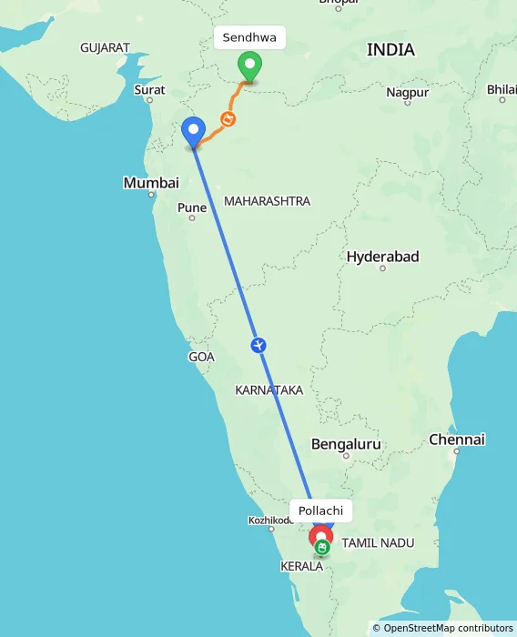 Route map showing distance and travel time from Sendhwa, India to Pollachi, India