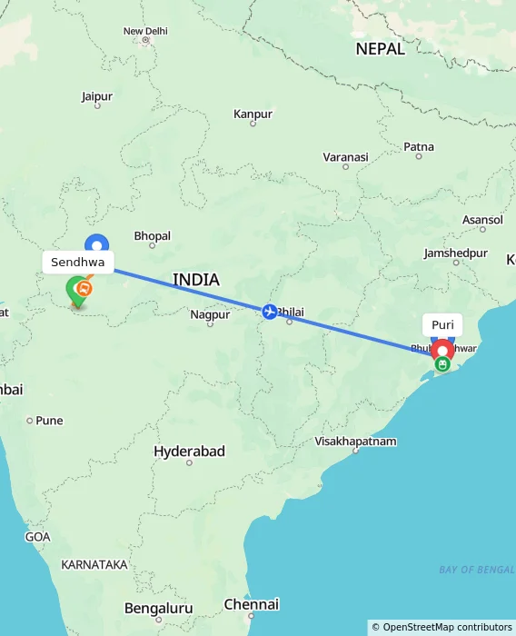 Route map showing distance and travel time from Sendhwa, India to Puri, India