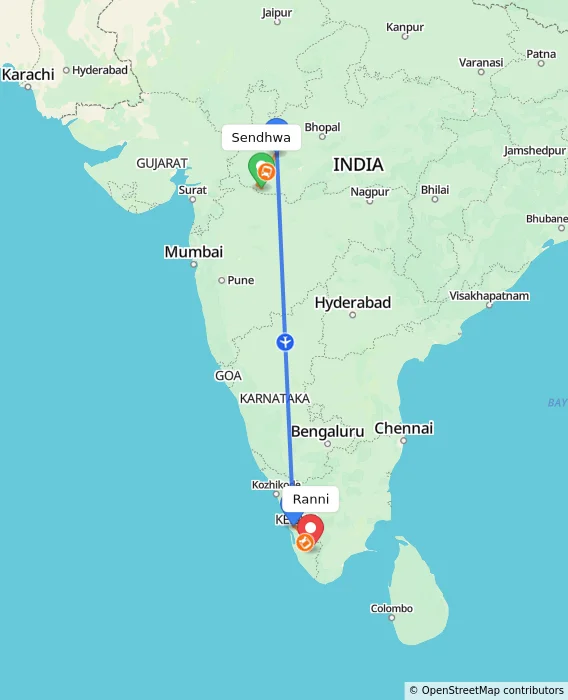 Route map showing distance and travel time from Sendhwa, India to Ranni, India