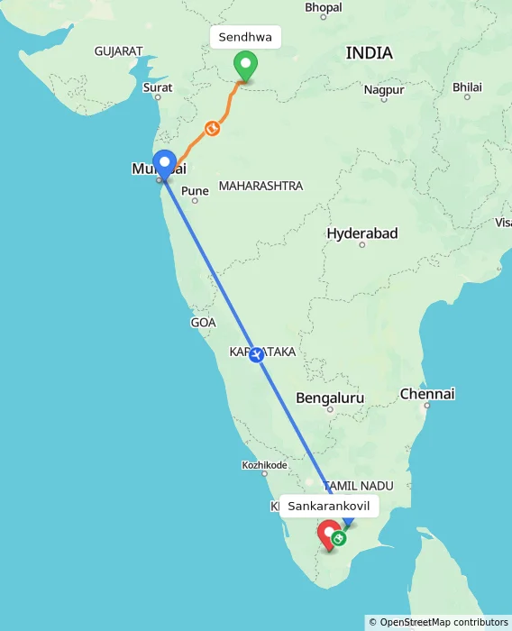 Route map showing distance and travel time from Sendhwa, India to Sankarankovil, India