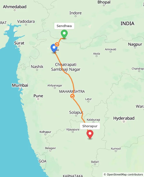 Route map showing distance and travel time from Sendhwa, India to Shorapur, India