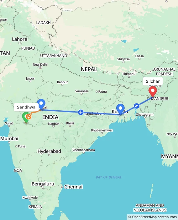 Route map showing distance and travel time from Sendhwa, India to Silchar, India