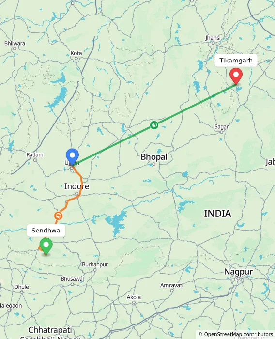 Route map showing distance and travel time from Sendhwa, India to Tikamgarh, India