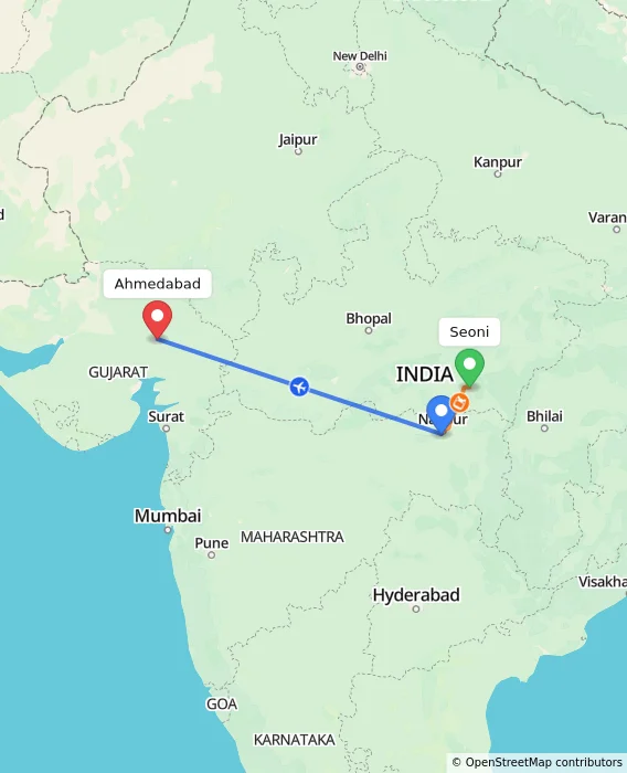 Route map showing distance and travel time from Seoni, India to Ahmedabad, India