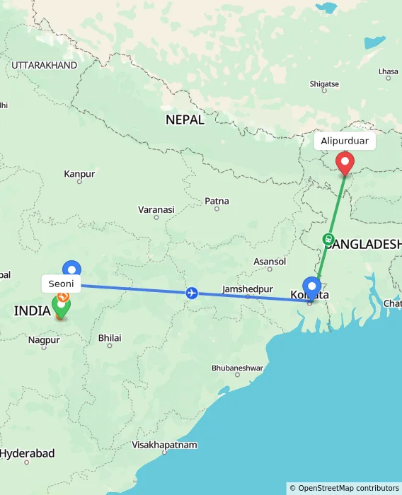 Route map showing distance and travel time from Seoni, India to Alipurduar, India