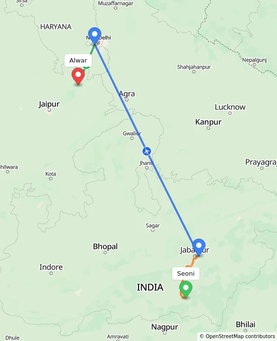 Route map showing distance and travel time from Seoni, India to Alwar, India