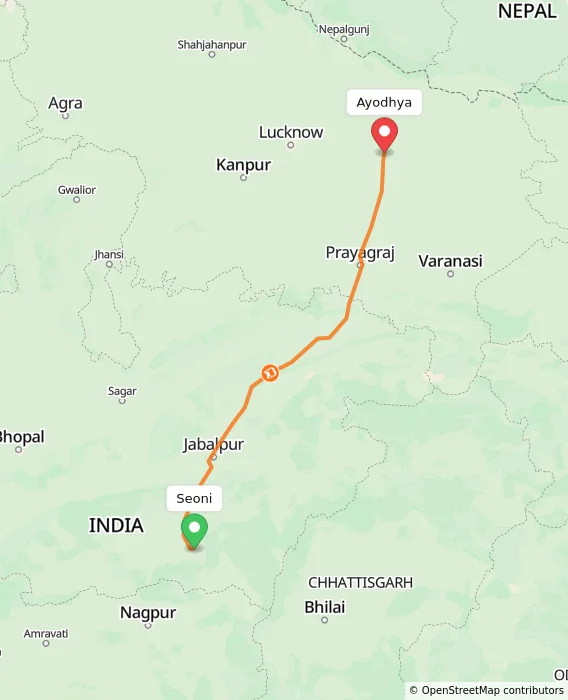 Route map showing distance and travel time from Seoni, India to Ayodhya, India