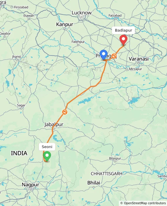Route map showing distance and travel time from Seoni, India to Badlapur, India