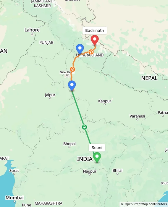 Route map showing distance and travel time from Seoni, India to Badrinath, India