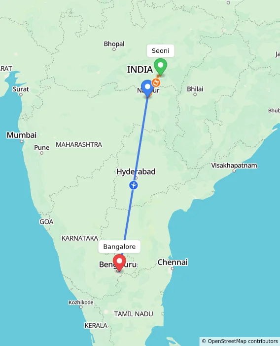 Route map showing distance and travel time from Seoni, India to Bangalore, India