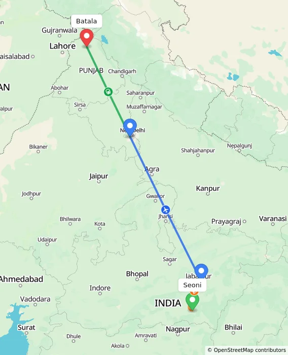 Route map showing distance and travel time from Seoni, India to Batala, India