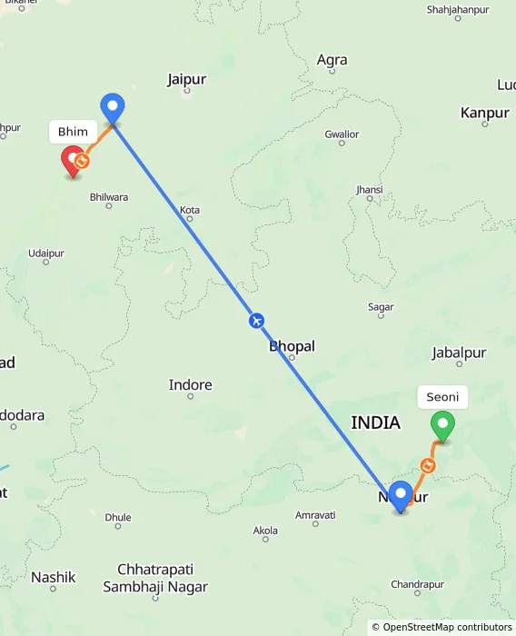 Route map showing distance and travel time from Seoni, India to Bhim, India