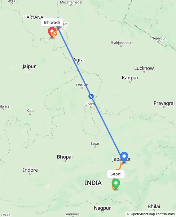 Route map showing distance and travel time from Seoni, India to Bhiwadi, India