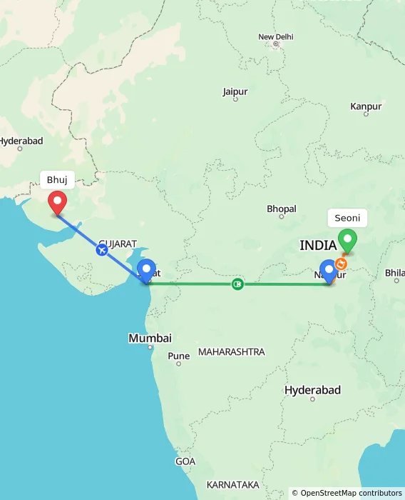 Route map showing distance and travel time from Seoni, India to Bhuj, India
