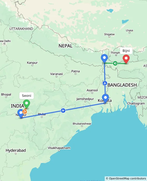 Route map showing distance and travel time from Seoni, India to Bijni, India
