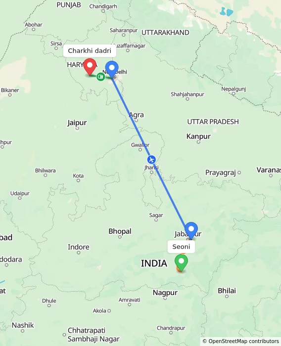 Route map showing distance and travel time from Seoni, India to Charkhi dadri, India