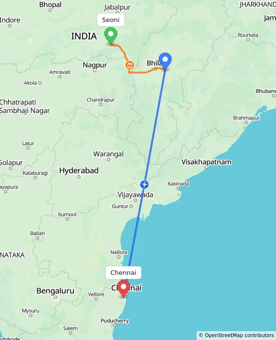 Route map showing distance and travel time from Seoni, India to Chennai, India