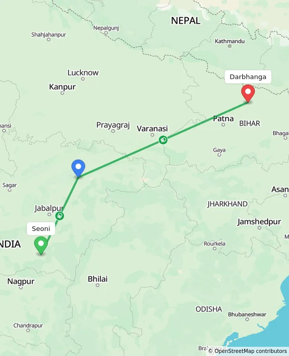 Route map showing distance and travel time from Seoni, India to Darbhanga, India