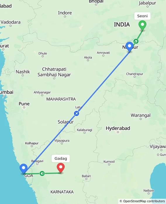 Route map showing distance and travel time from Seoni, India to Gadag, India