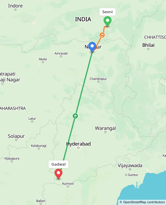 Route map showing distance and travel time from Seoni, India to Gadwal, India