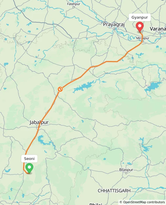Route map showing distance and travel time from Seoni, India to Gyanpur, India