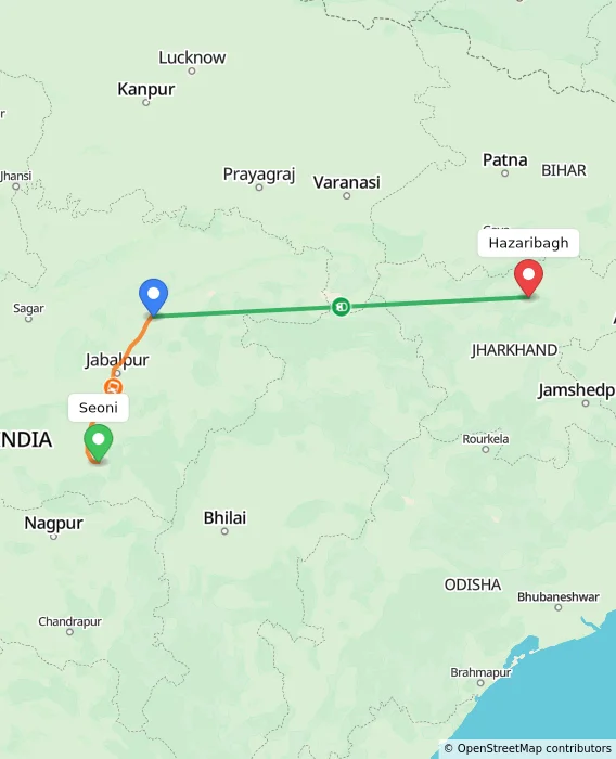 Route map showing distance and travel time from Seoni, India to Hazaribagh, India