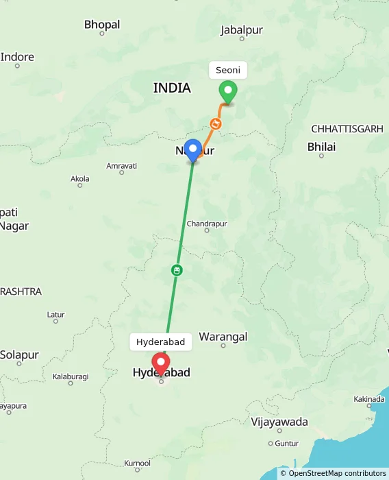 Route map showing distance and travel time from Seoni, India to Hyderabad, India