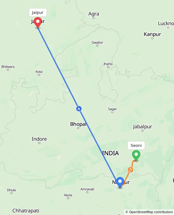 Route map showing distance and travel time from Seoni, India to Jaipur, India