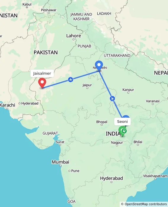 Route map showing distance and travel time from Seoni, India to Jaisalmer, India