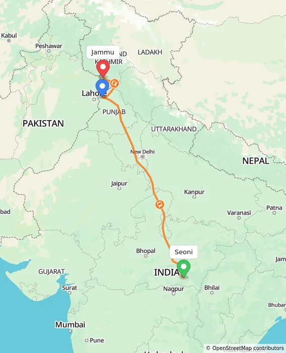 Route map showing distance and travel time from Seoni, India to Jammu, India