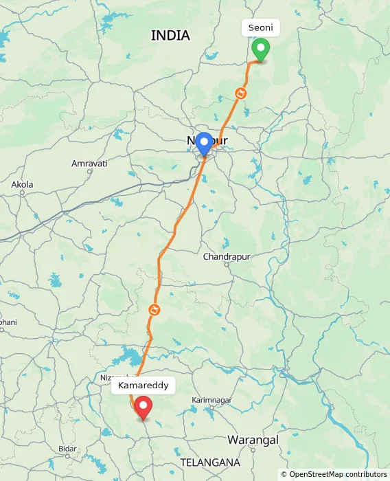 Route map showing distance and travel time from Seoni, India to Kamareddy, India