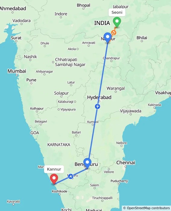 Route map showing distance and travel time from Seoni, India to Kannur, India
