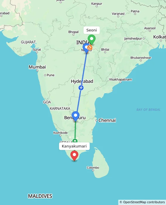 Route map showing distance and travel time from Seoni, India to Kanyakumari, India