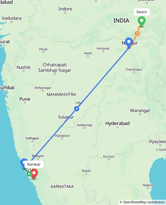 Route map showing distance and travel time from Seoni, India to Karwar, India