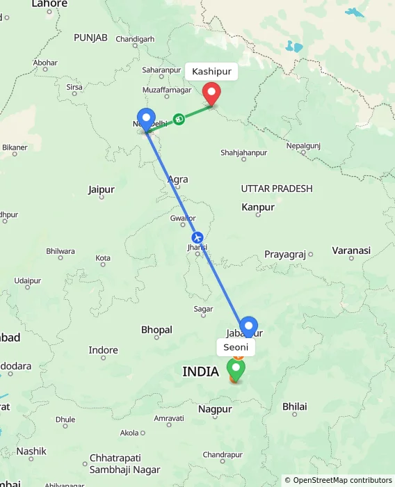 Route map showing distance and travel time from Seoni, India to Kashipur, India