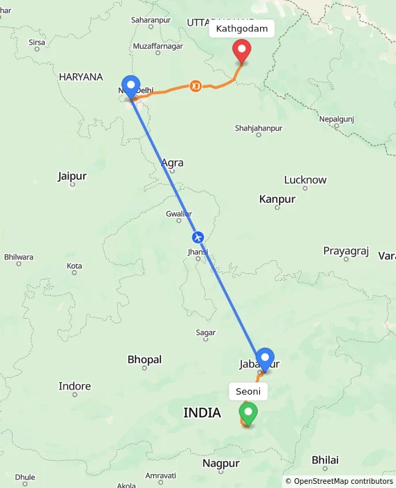 Route map showing distance and travel time from Seoni, India to Kathgodam, India