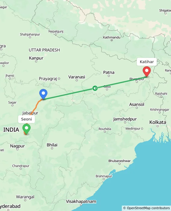 Route map showing distance and travel time from Seoni, India to Katihar, India